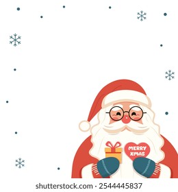 Kind Santa in glasses holds gift and heart in his hands on white background. Happy Christmas holiday design for Poster, Banner, Flyer, Greeting Card. Vector illustration in flat cartoon style