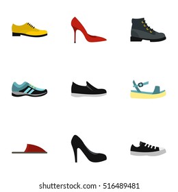 Kind of shoes icons set. Flat illustration of 9 kind of shoes vector icons for web