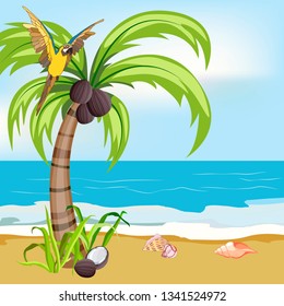 kind of shore of the sea, palm trees, parrots