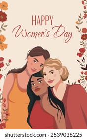 Kind smiles pleasant emotions. Women's group women girls of different nationalities and skin colors hug each other. Women's day. Movements for gender equality and women's empowerment. Vector banner