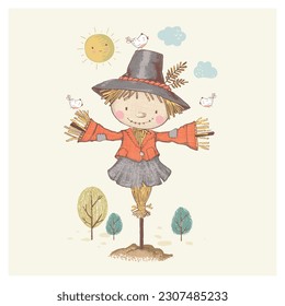 Kind Smiley Scarecrow with Birds, Sun, Trees. Hand drawn vector illustration. Engraving, line art texture