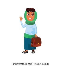 kind smiling arabic woman waving to greet partner in street cartoon vector. kind smiling arabic woman waving to greet partner in street character. isolated flat cartoon illustration