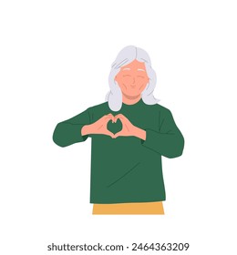 Kind smiling elderly woman isolated cartoon character gesturing love sign with heart folded hands