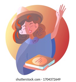 A kind smiling girl in a poncho and sombrero affably raises her hand and holds a book in her hand. Cute vector isolated character that attracts attention. Book lovers day, mexican theme. 
