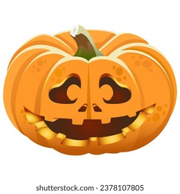 Kind smiling lantern pumpkin with crooked toothy smile with sad eyes for halloween isolated. Vector illustration.