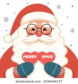 Kind and smiling Santa in glasses holds two hearts in his hands on white background. Happy Christmas holiday design for Poster, Banner, Flyer, Greeting Card. Vector illustration in flat cartoon style