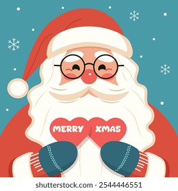 Kind and smiling Santa in glasses holds two hearts in his hands. Happy Merry Christmas holiday design for Poster, Banner, Flyer, Greeting Card. Vector illustration in flat cartoon style