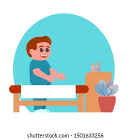 
Kind and smiling young male massage therapist in a medical suit invites to the procedure. Before him is a couch. Near a table with aromatic oils. Vector cartoon illustration.