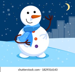 kind snowman stands at night under the moon. Winter cityscape and snowman. Meeting of Christmas and New Year. Winter fun. Cartoon vector