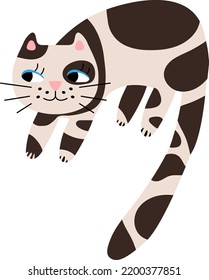 Kind spotted cartoon cat. Children's pet with large brown specks, long hanging tail. Сute round spot around the eye of an adorable pussycat. Vector clipart of an animal for sweet baby print designs.
