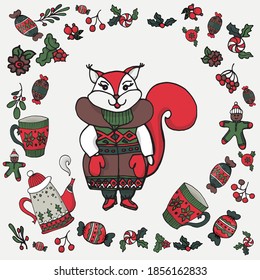A kind squirrel. New Year card. Vector illustration.
