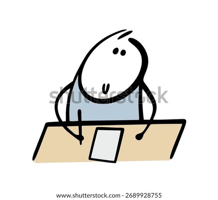 Kind stickman sits at table and writes a letter, does his homework, composes poetry. vector illustration of a man waiting for inspiration. Doodle student is at school, textbooks and notebook.
