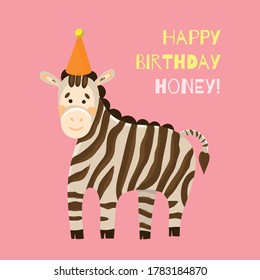 Kind striped zebra on a pink background. Greeting card and invitation to a child's birthday party. Toddler design, safari horse print on t-shirt, tableware, poster. Flat style animal.