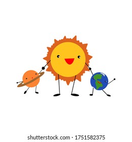 El sol amable pasa por la manija con una tierra-bebé y un niño-saturado. El sorprendido bebé Saturno está tratando de mantenerse al día con el sol sonriente, y la alshi-earth ilumina a todos con su sonrisa. Ilustración