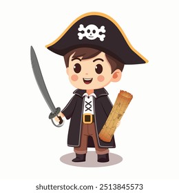 Niño amable y dulce pirata con una espada y mapa sobre fondo blanco. Personaje de dibujos animados en estilo plano. Ilustración vectorial