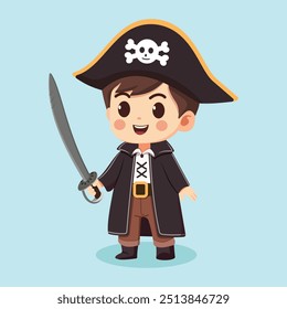 Niño amable y dulce pirata con una espada sobre fondo blanco. Personaje de dibujos animados en estilo plano. Ilustración vectorial