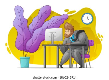 A kind, sweet, cheerful guy works hard at the computer in the office. Work in the office, deadline. Cartoon style, contour drawing in a vector.