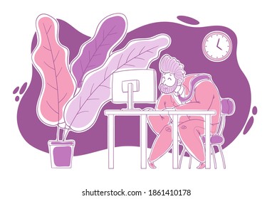 Un tipo amable, dulce y alegre trabaja duro en la computadora de la oficina. Trabajo en la oficina, plazo. Estilo de dibujo, dibujo de contorno en un vector.