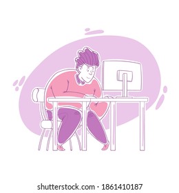 Ein netter, süßer, fröhlicher Kerl arbeitet hart am Computer im Büro. Arbeiten Sie im Büro, Frist. Cartoon-Stil, Kontur-Zeichnung in einer Vektorgrafik.