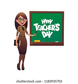 Kind teacher stands at the blackboard Happy Teacher Day vector