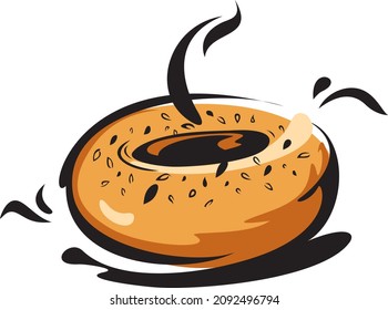 A kind of thick and ring-shaped bagel made of leavened dough. Vector illustration in flat style.