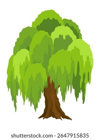 Kind of tree icon, willow. Deciduous plant. Green crowns and lush foliage with natural brown trunks and branches. Vector cartoon illustration