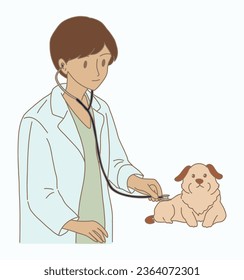 Kind veterinarian examining, checking health of a dog with a stethoscope in hospital. Hand drawn flat cartoon character vector illustration.