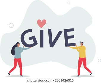 kind volunteers holding letter of Give word.flat design with people.
