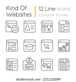 Tipo de sitios web de iconos lineales establecidos. Sistema de administración de contenido. Ecommerce, aprendizaje. Símbolos de línea delgada personalizables. Ilustraciones aisladas del contorno vectorial. Trazo editable. Tipo de letra rápido y ligero utilizado