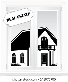 Kind from a window on a cottage. Vector (notice: a house in a window is fully drawn)