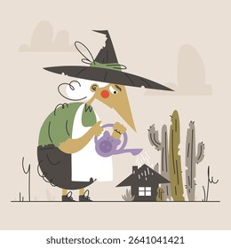 A kind witch is watering her small home using a whimsical pigshaped watering can. A charming illustration with cute details and a warm color palette.