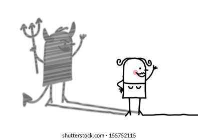 kind woman with devil shadow