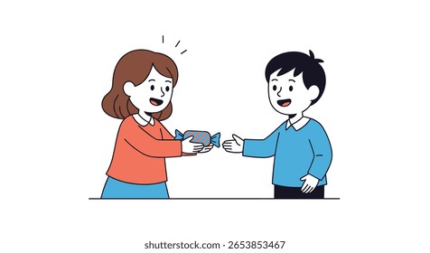 A kind woman shares a delicious candy with a happy young boy a sweet gesture of generosity