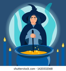 A kind woman witch brews a potion in a cauldron. Gothic. In minimalist style. Cartoon flat Vector Illustration