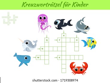 Kreuzworträtsel für Kinder - Crossword for kids. Crossword game with pictures. Kids activity worksheet colorful printable version. Educational game for study German words. Vector stock illustration.