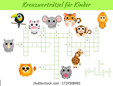 Kreuzworträtsel für Kinder - Corso para los niños. Juego de palabras cruzadas con fotos. Hoja de cálculo de actividad infantil versión imprimible de color. Juego educativo para estudiar palabras alemanas. Ilustración de material vectorial.