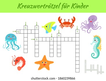 Kreuzworträtsel für Kinder - Crossword for kids. Crossword game with pictures. Kids game and activity worksheet printable version. Educational game for study German words. Vector stock illustration.