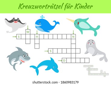 Kreuzworträtsel für Kinder - Crossword for kids. Crossword game with pictures. Kids game and activity worksheet printable version. Educational game for study German words. Vector stock illustration.