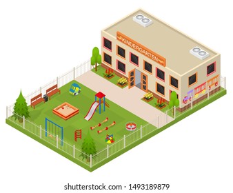 Kinder Garden Building Concept 3d Isometric View Architecture Construction Symbol of Childhood. Vector illustration of Kindergarten with Playground