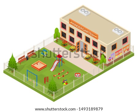 Kinder Garden Building Concept 3d Isometric View Architecture Construction Symbol of Childhood. Vector illustration of Kindergarten with Playground