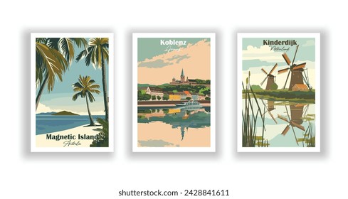 Kinderdijk, Países Bajos. Koblenz, Alemania. Isla Magnética, Australia - Afiche de viaje vintage. Ilustración vectorial. Impresiones de alta calidad