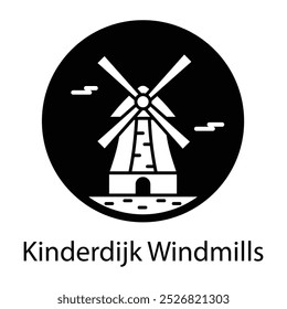 Kinderdijk windmills icon in filled style 