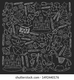 kindergarden doodles elements. patern with toys, objects. Cute child pattern. Endless texture for your design, greeting cards, posters . vector