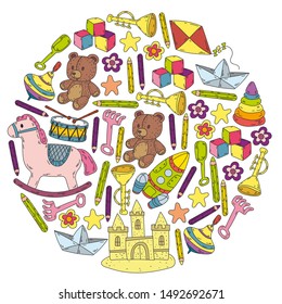 kindergarden doodles elements. patern with toys, objects. Cute child pattern. Endless texture for your design, greeting cards, posters . vector