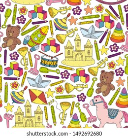 kindergarden doodles elements. patern with toys, objects. Cute child pattern. Endless texture for your design, greeting cards, posters . vector. seamless
