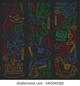 kindergarden doodles elements. patern with toys, objects. Cute child pattern. Endless texture for your design, greeting cards, posters . vector