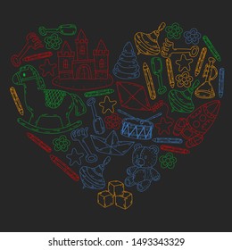 kindergarden doodles elements. patern with toys, objects. Cute child pattern. Endless texture for your design, greeting cards, posters . vector