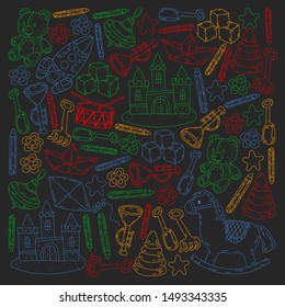 kindergarden doodles elements. patern with toys, objects. Cute child pattern. Endless texture for your design, greeting cards, posters . vector