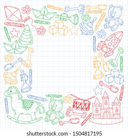 kindergarden doodles elements. patern with toys, objects. Cute child pattern. Endless texture for your design, greeting cards, posters . vector