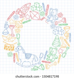 kindergarden doodles elements. patern with toys, objects. Cute child pattern. Endless texture for your design, greeting cards, posters . vector